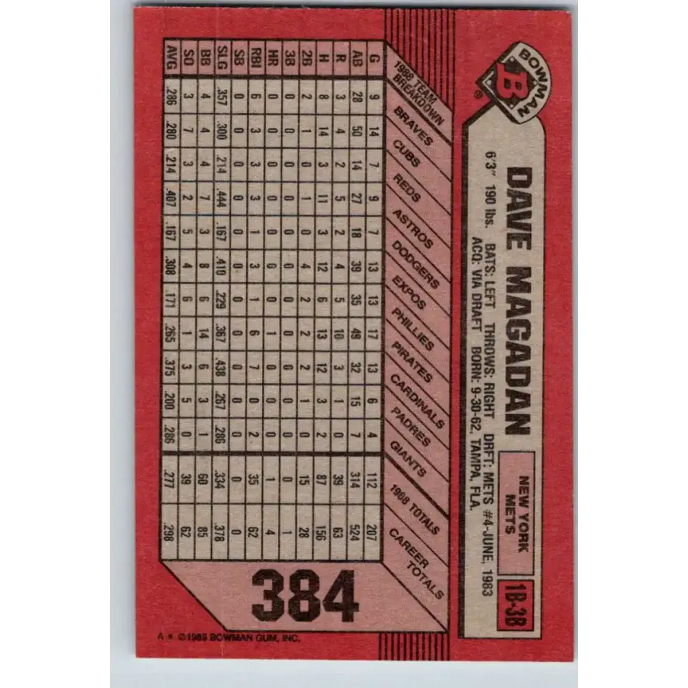 1989 Bowman #384 Dave Magadan NM-MT New York Mets Baseball Card - Baseball Card Single