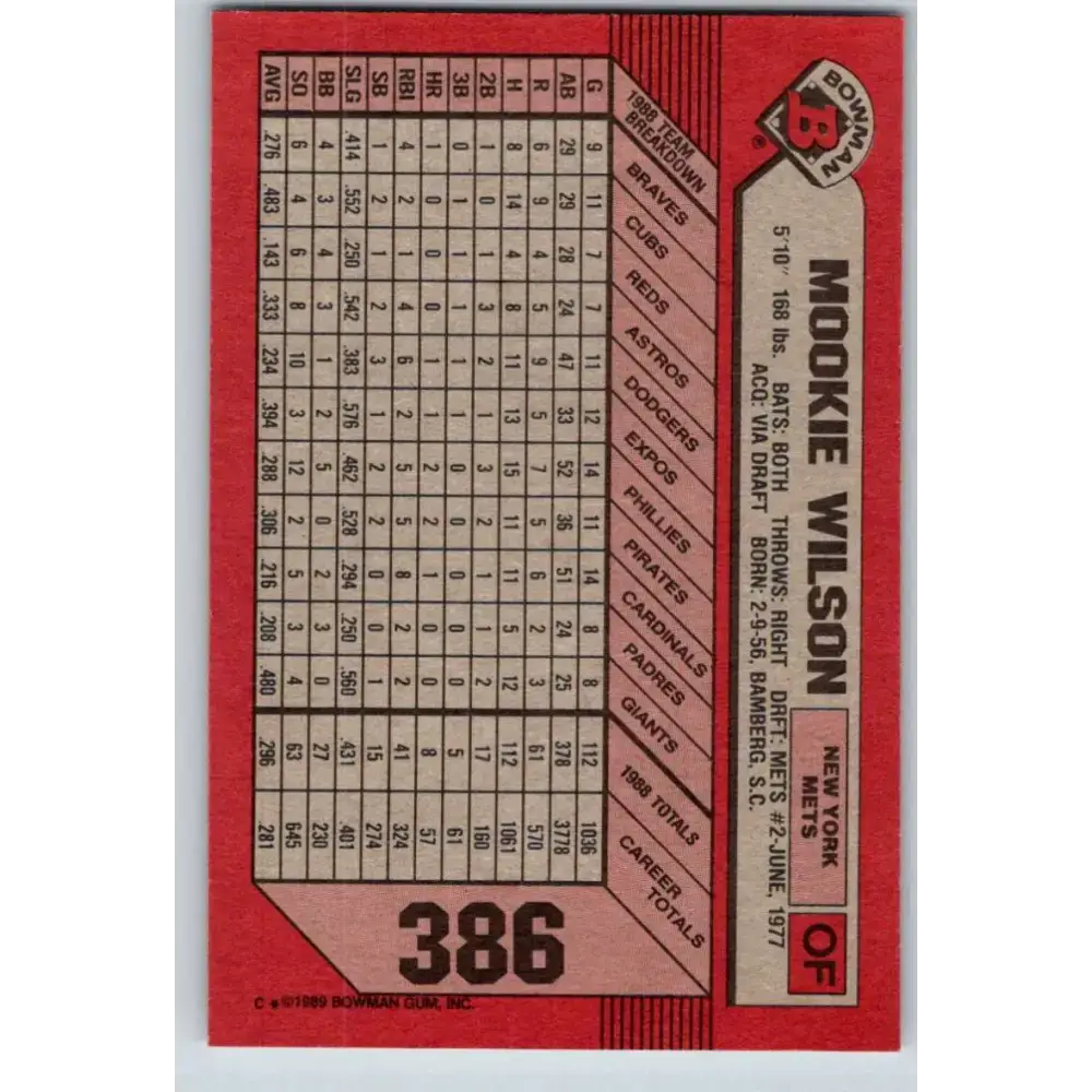 1989 Bowman #386 Mookie Wilson NM-MT New York Mets Baseball Card - Baseball Card Single