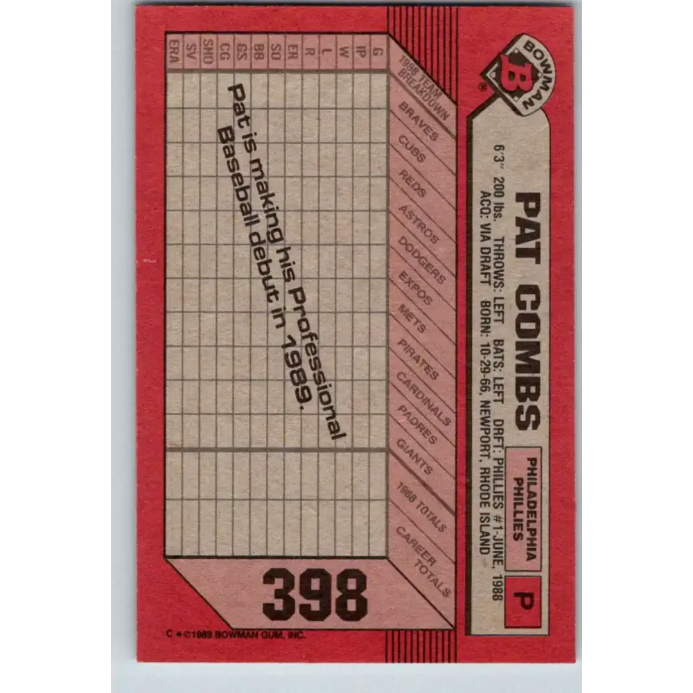 1989 Bowman #398 Pat Combs NM-MT RC Rookie Philadelphia Phillies Baseball Card - Baseball Card Single