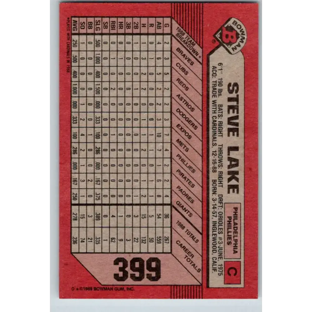 1989 Bowman #399 Steve Lake NM-MT Philadelphia Phillies Baseball Card - Baseball Card Single