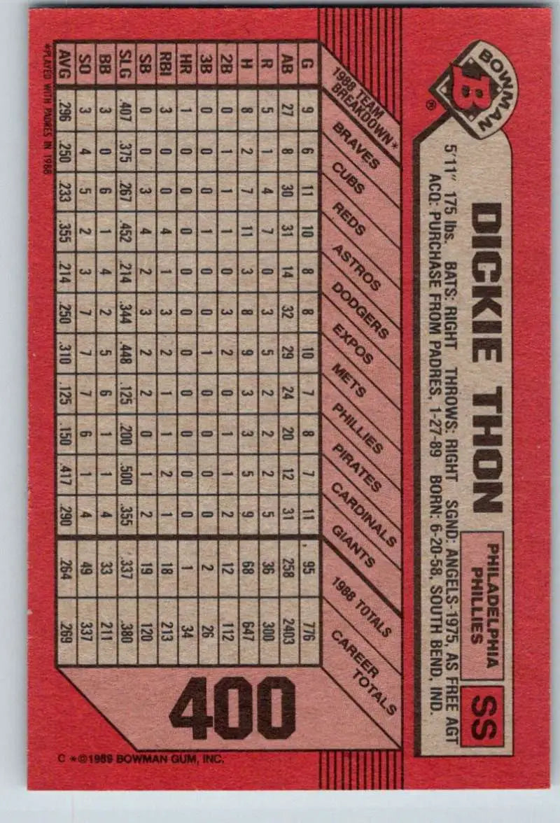 1989 Bowman #400 Dickie Thon NM-MT Philadelphia Phillies Baseball Card - Baseball Card Single