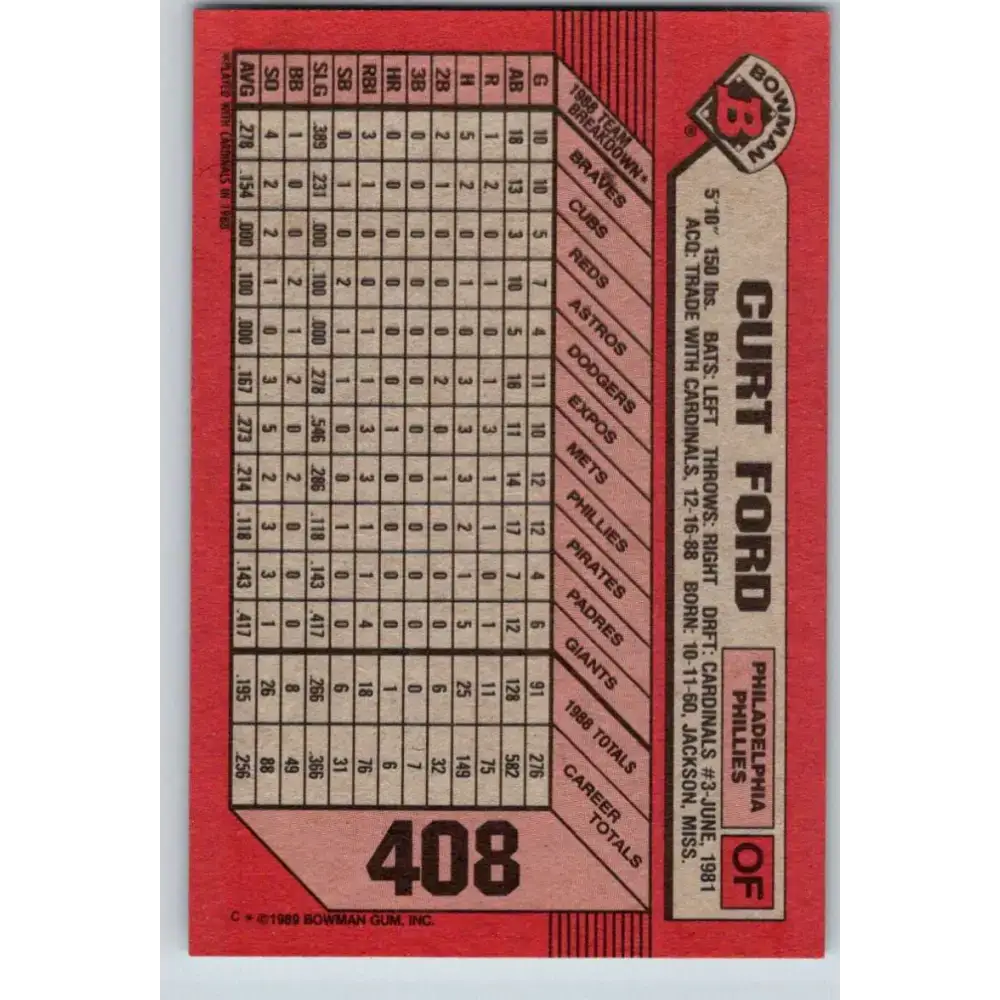1989 Bowman #408 Curt Ford NM-MT Philadelphia Phillies Baseball Card - Baseball Card Single