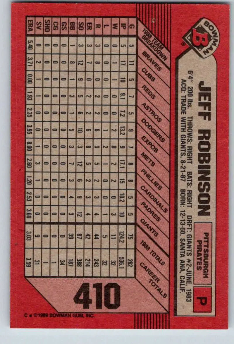 1989 Bowman #410 Jeff Robinson NM-MT Pittsburgh Pirates Baseball Card - Baseball Card Single