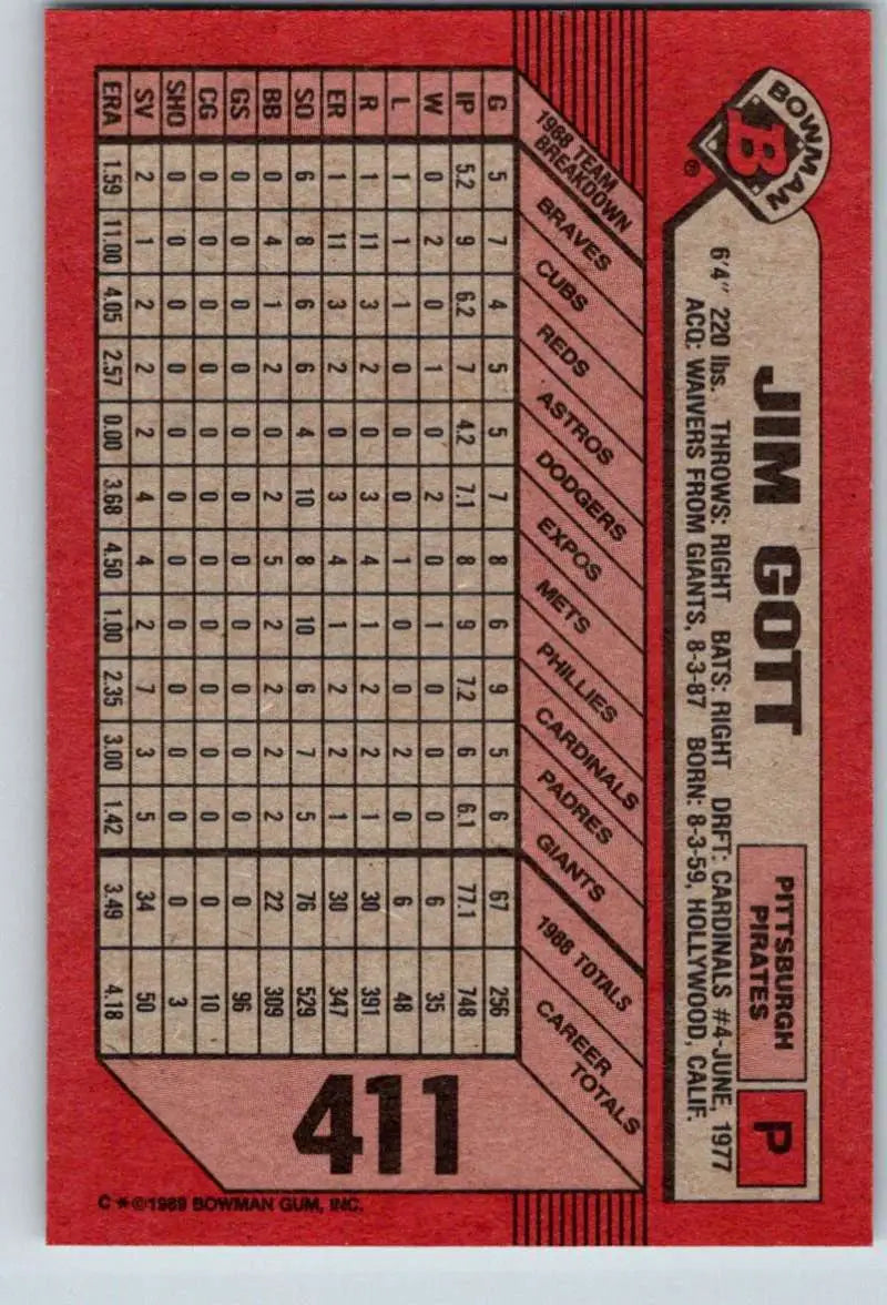 1989 Bowman #411 Jim Gott NM-MT Pittsburgh Pirates Baseball Card - Baseball Card Single