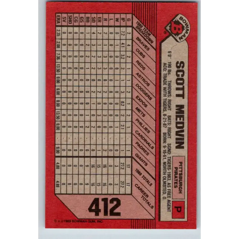 1989 Bowman #412 Scott Medvin NM-MT RC Rookie Pittsburgh Pirates Baseball Card - Baseball Card Single