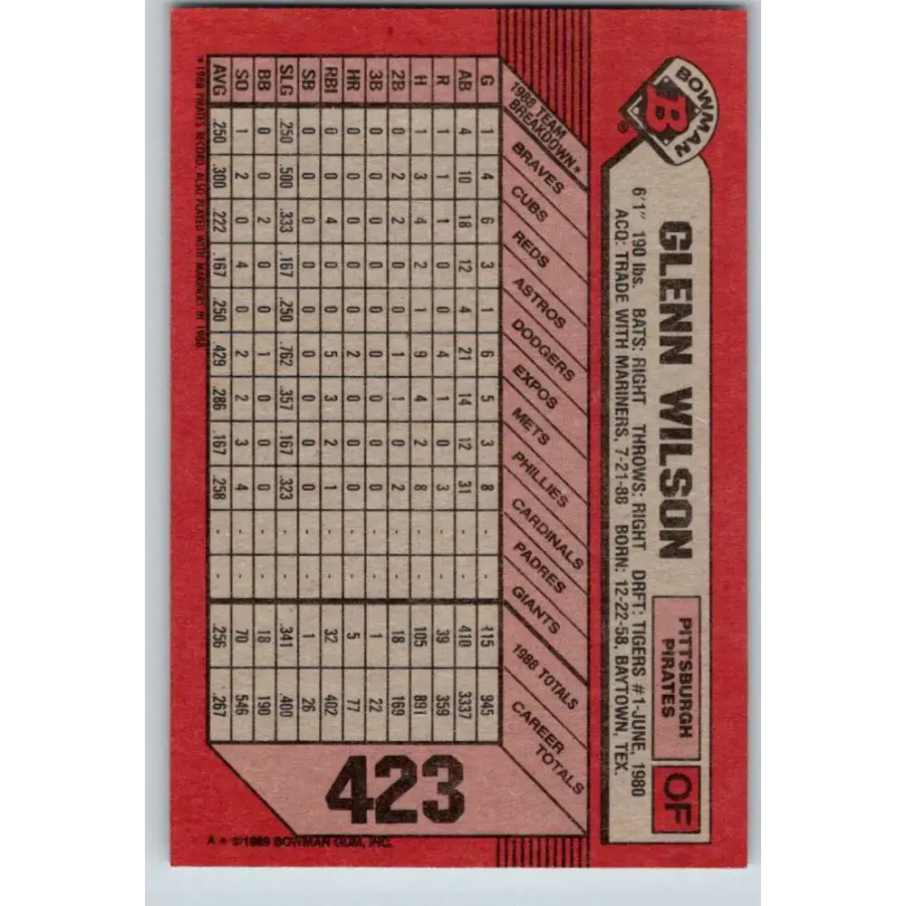 1989 Bowman #423 Glenn Wilson NM-MT Pittsburgh Pirates Baseball Card - Baseball Card Single