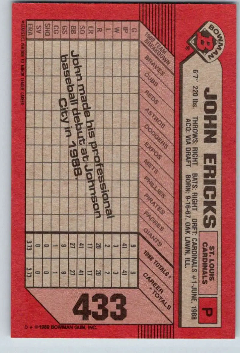 1989 Bowman #433 John Ericks NM-MT RC Rookie St. Louis Cardinals Baseball Card - Baseball Card Single