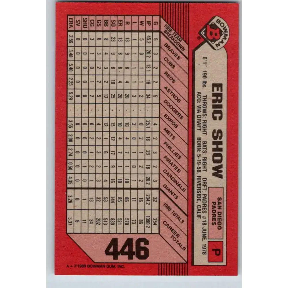 1989 Bowman #446 Eric Show NM-MT San Diego Padres Baseball Card - Baseball Card Single