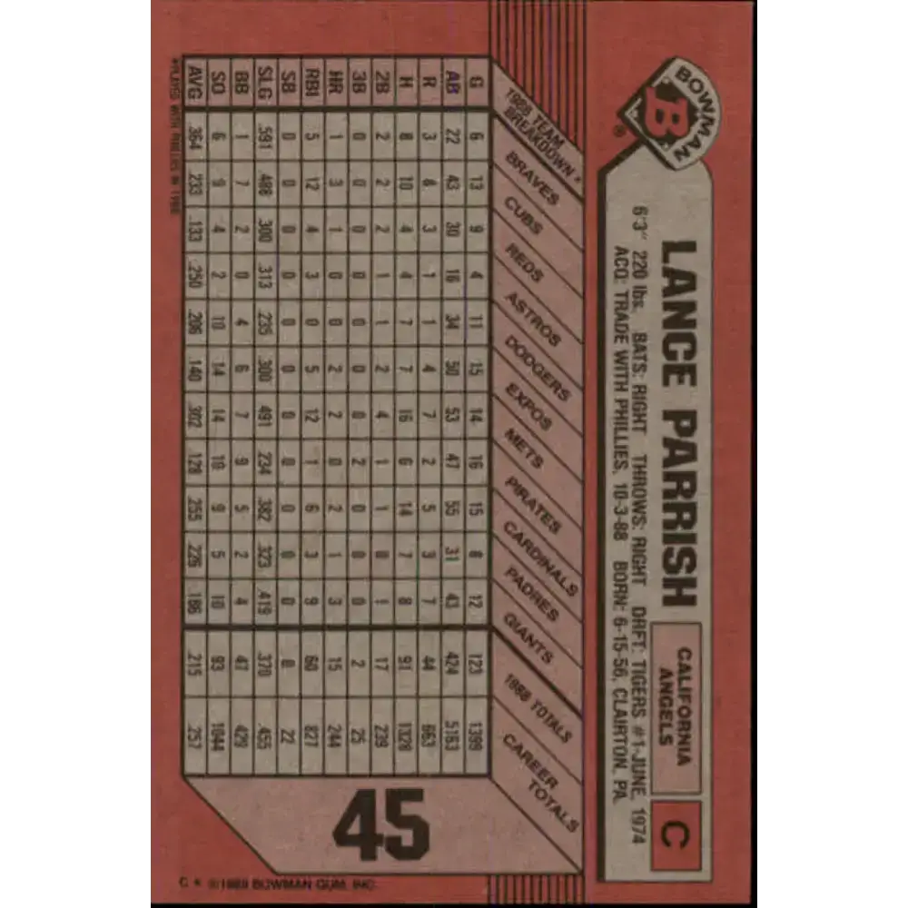 1989 Bowman #45 Lance Parrish NM-MT California Angels Baseball Card - Baseball Card Single