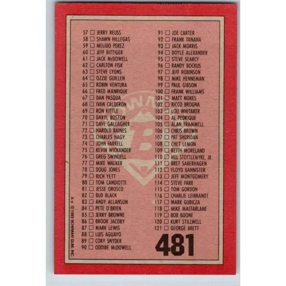 1989 Bowman #481 Checklist 1-121 NM-MT Checklist Baseball Card - Baseball Card Single