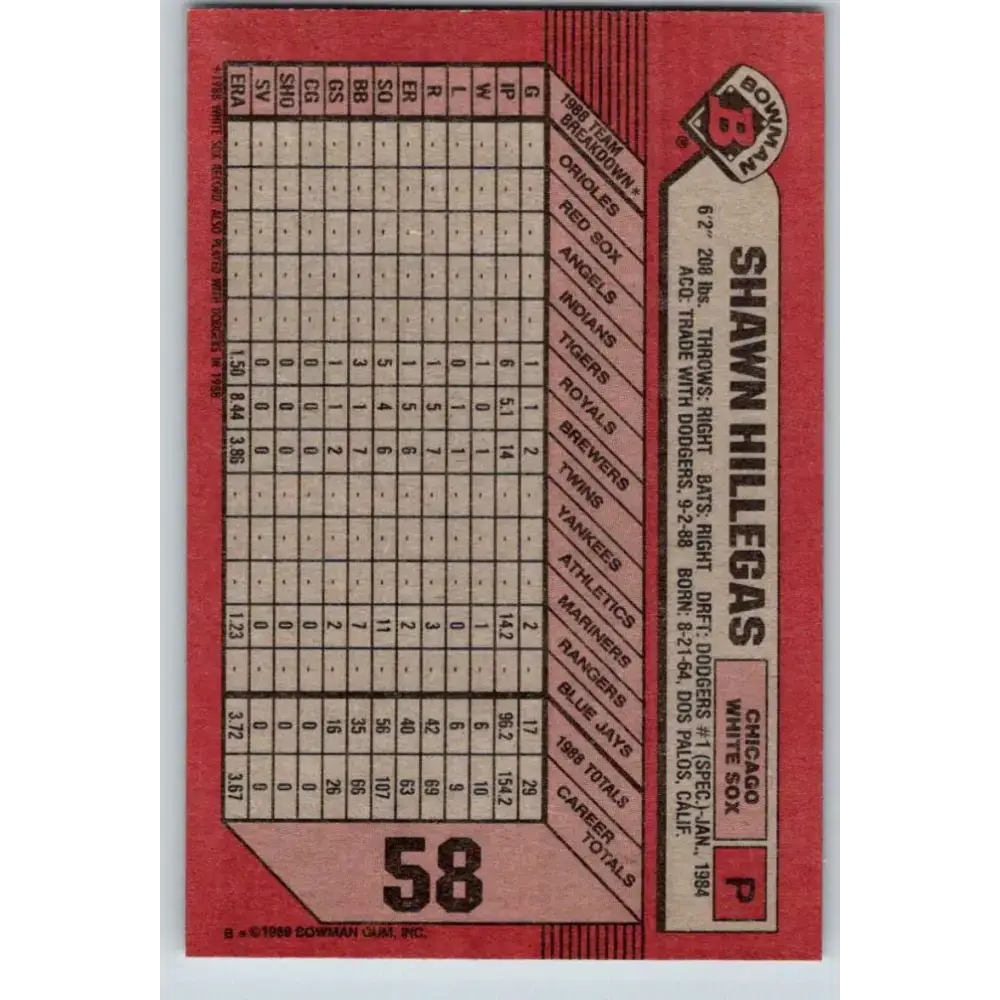 1989 Bowman #58 Shawn Hillegas NM-MT Chicago White Sox Baseball Card - Baseball Card Single