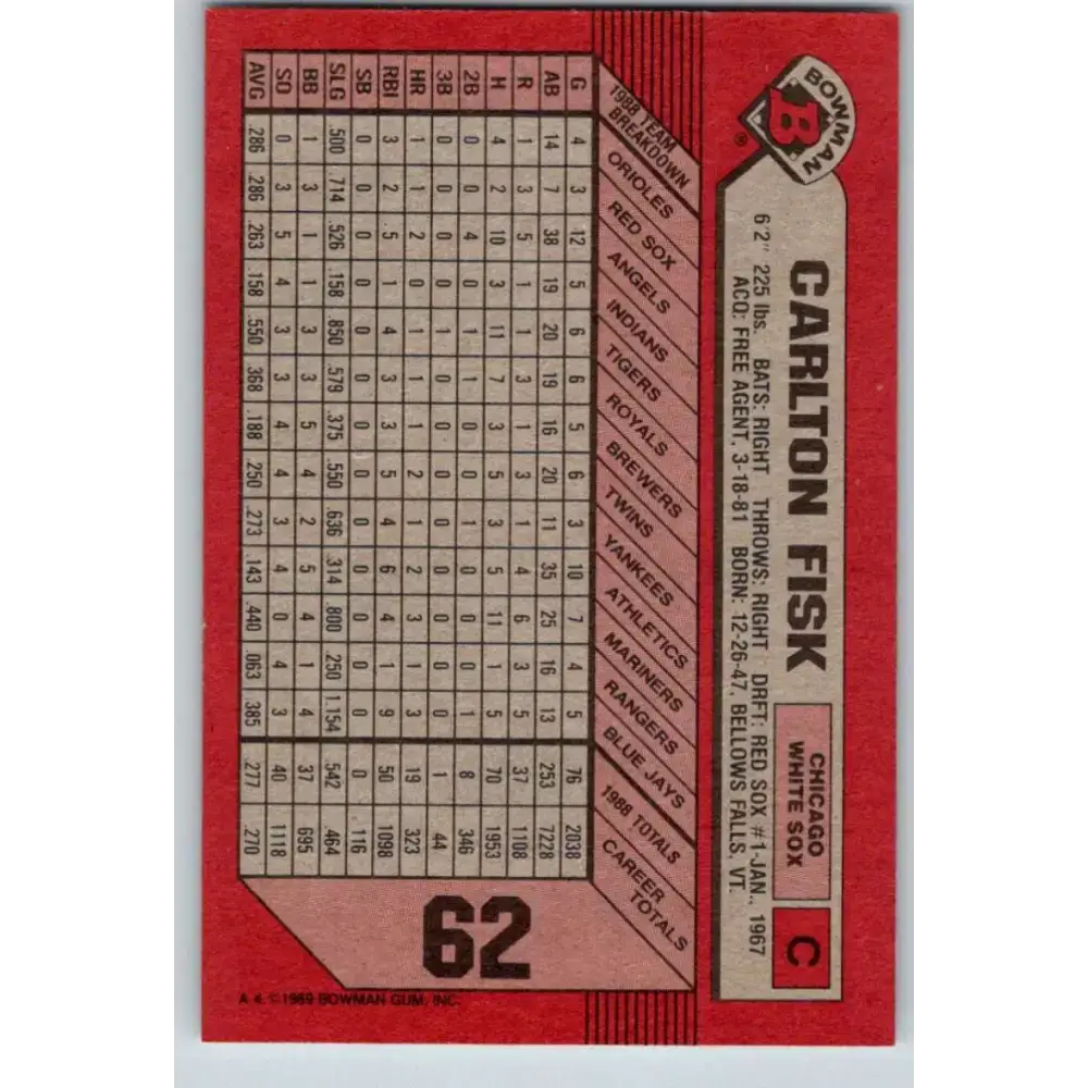 1989 Bowman #62 Carlton Fisk NM-MT Chicago White Sox Baseball Card
