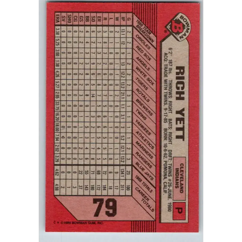 1989 Bowman #79 Rich Yett NM-MT Cleveland Indians Baseball Card - Baseball Card Single