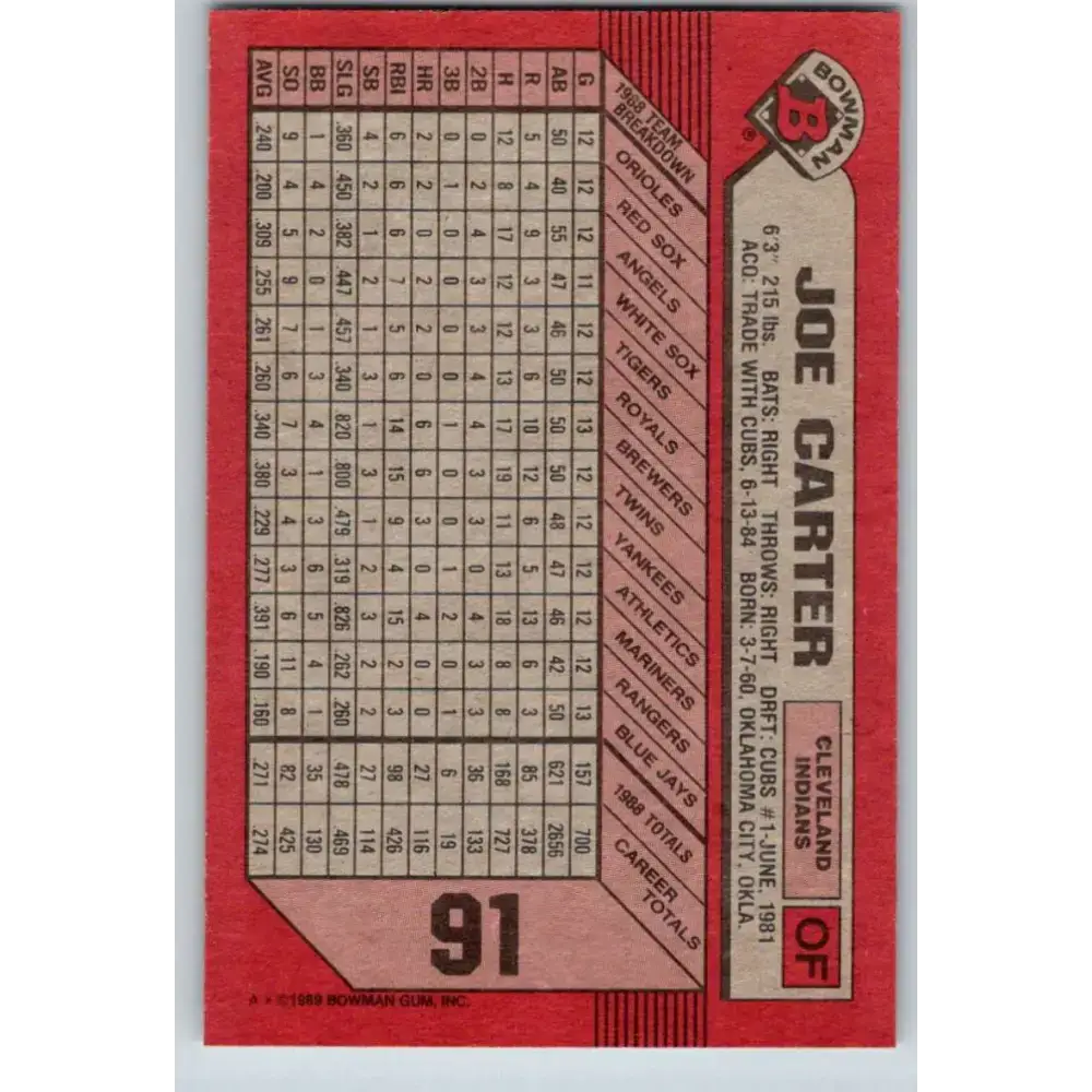 1989 Bowman #91 Joe Carter NM-MT Cleveland Indians Baseball Card - Baseball Card Single