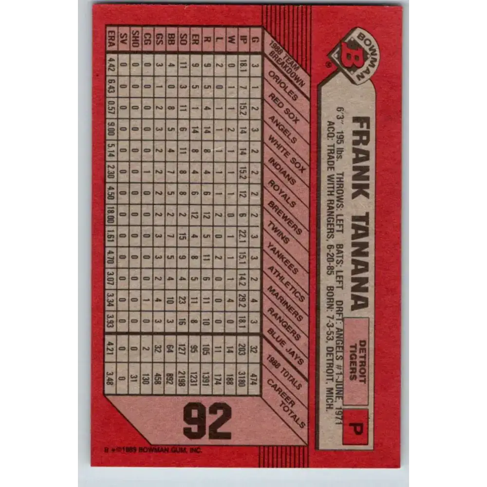1989 Bowman #92 Frank Tanana NM-MT Detroit Tigers Baseball Card - Baseball Card Single