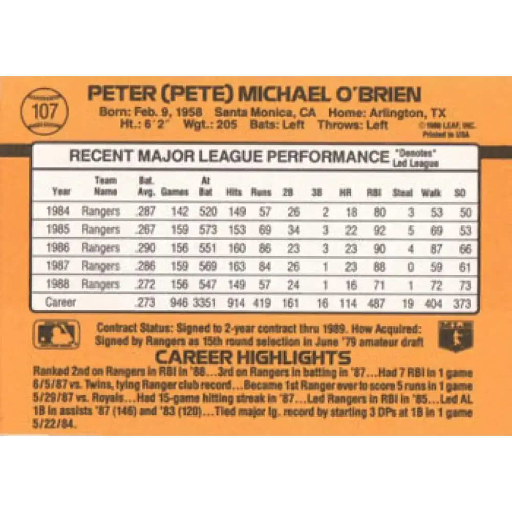 1989 Donruss #107 Pete O’Brien NM-MT Texas Rangers Baseball Card - Baseball Card Single