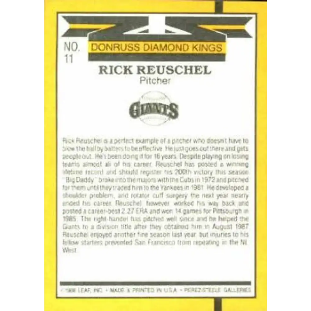 1989 Donruss #11 Rick Reuschel DK NM-MT San Francisco Giants Baseball Card - Baseball Card Single