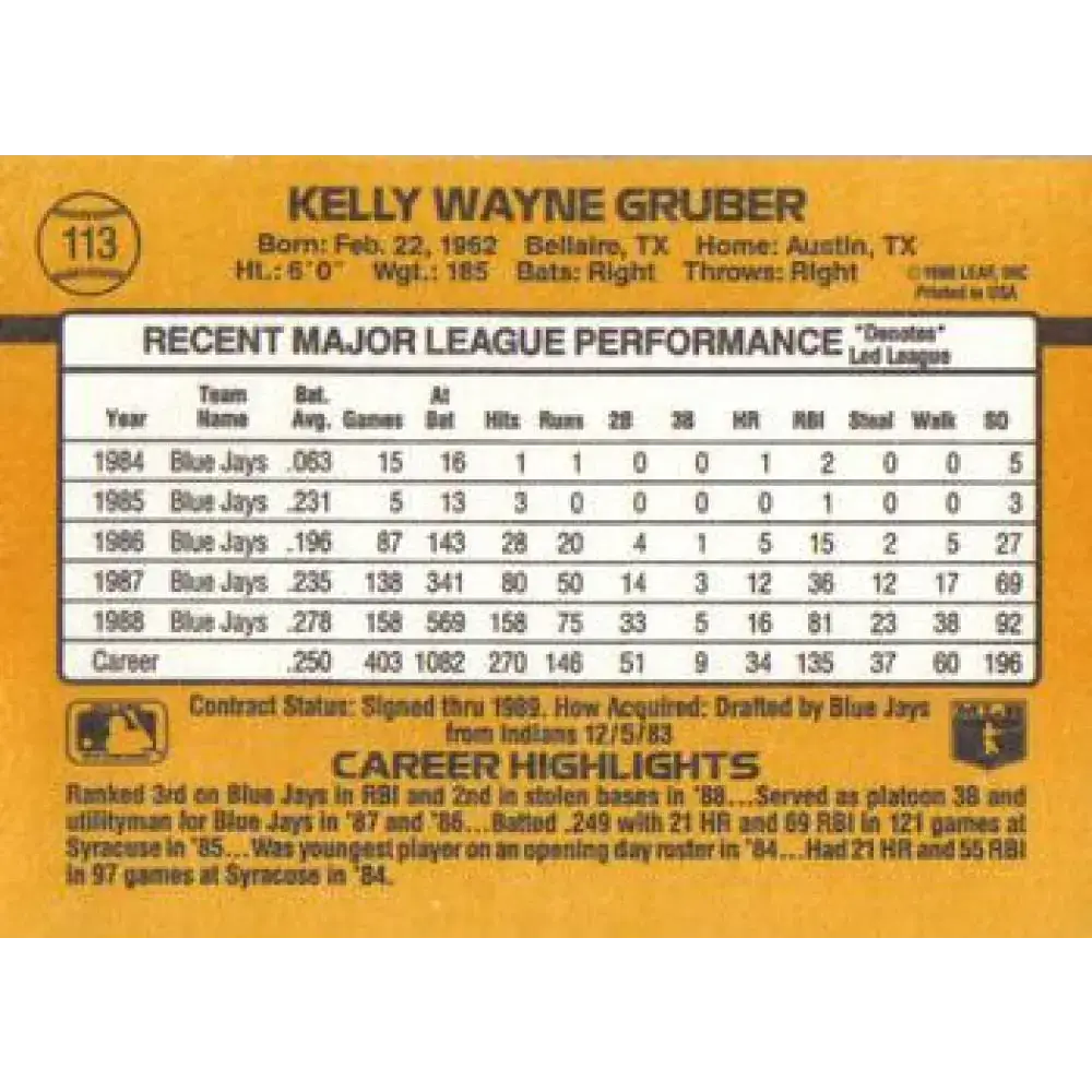 1989 Donruss #113 Kelly Gruber UER NM-MT Toronto Blue Jays Baseball Card - Baseball Card Single