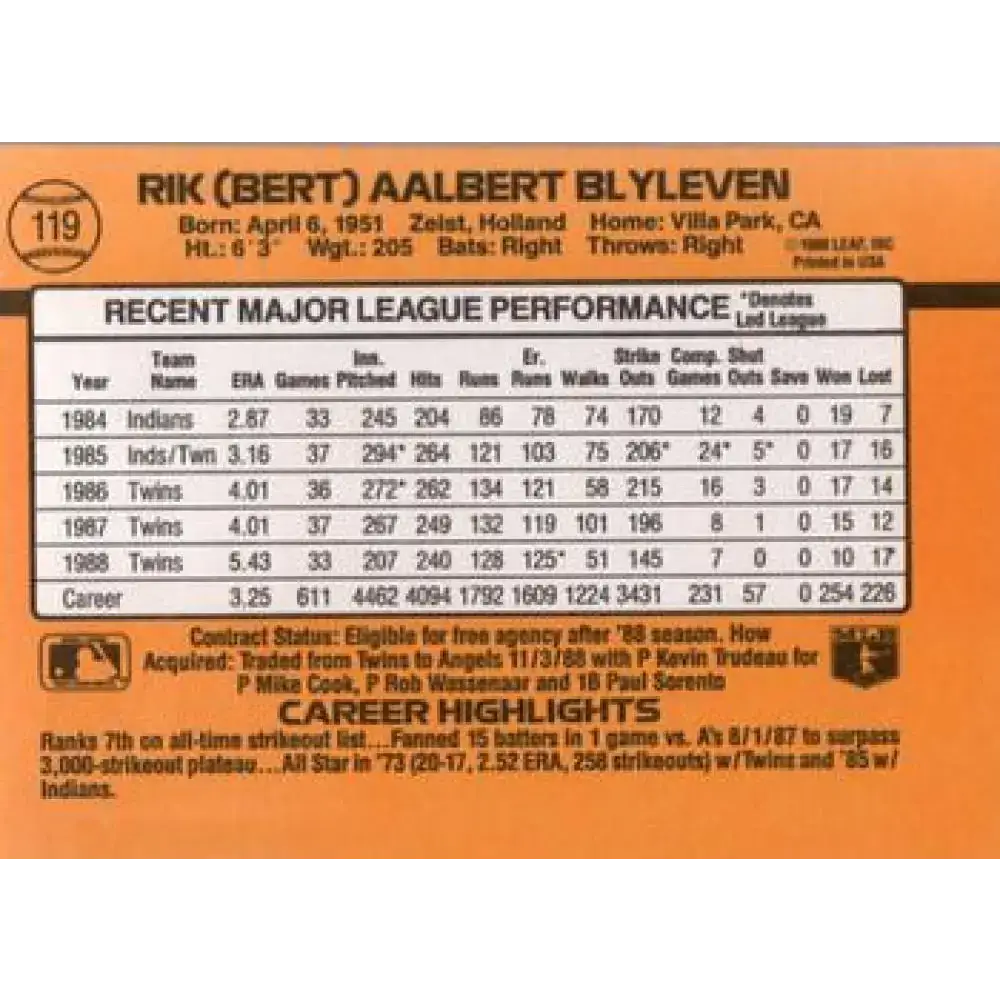 1989 Donruss #119 Bert Blyleven UER NM-MT Minnesota Twins Baseball Card - Baseball Card Single