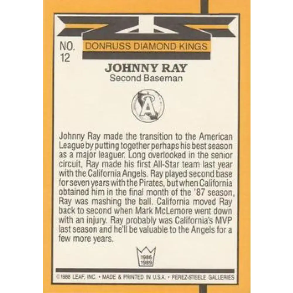 1989 Donruss #12 Johnny Ray DK NM-MT California Angels Baseball Card - Baseball Card Single