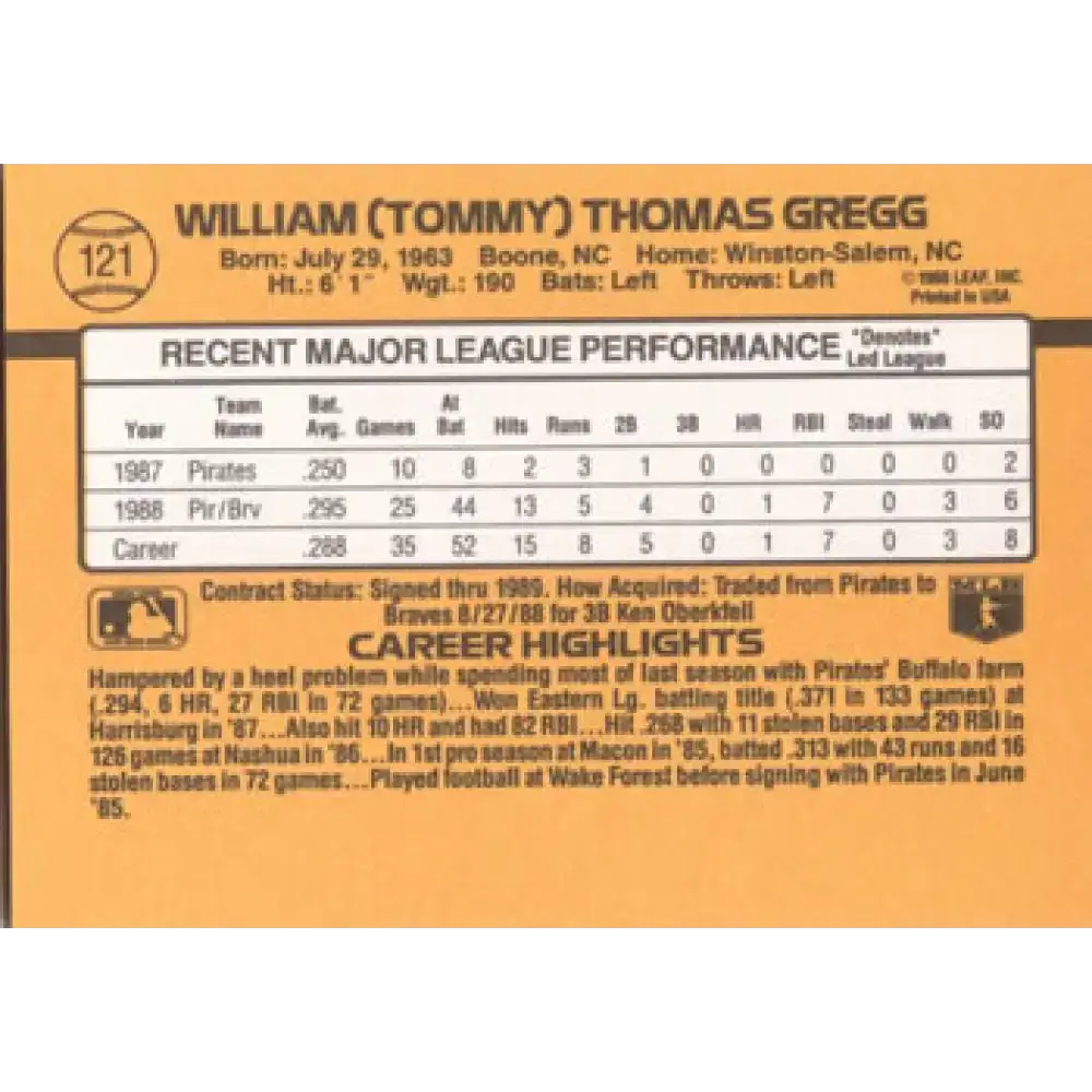 1989 Donruss #121 Tommy Gregg NM-MT Atlanta Braves Baseball Card - Baseball Card Single