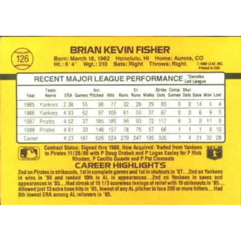 1989 Donruss #126 Brian Fisher NM-MT Pittsburgh Pirates Baseball Card - Baseball Card Single