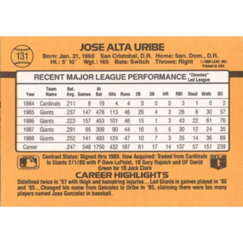 1989 Donruss #131 Jose Uribe NM-MT San Francisco Giants Baseball Card - Baseball Card Single