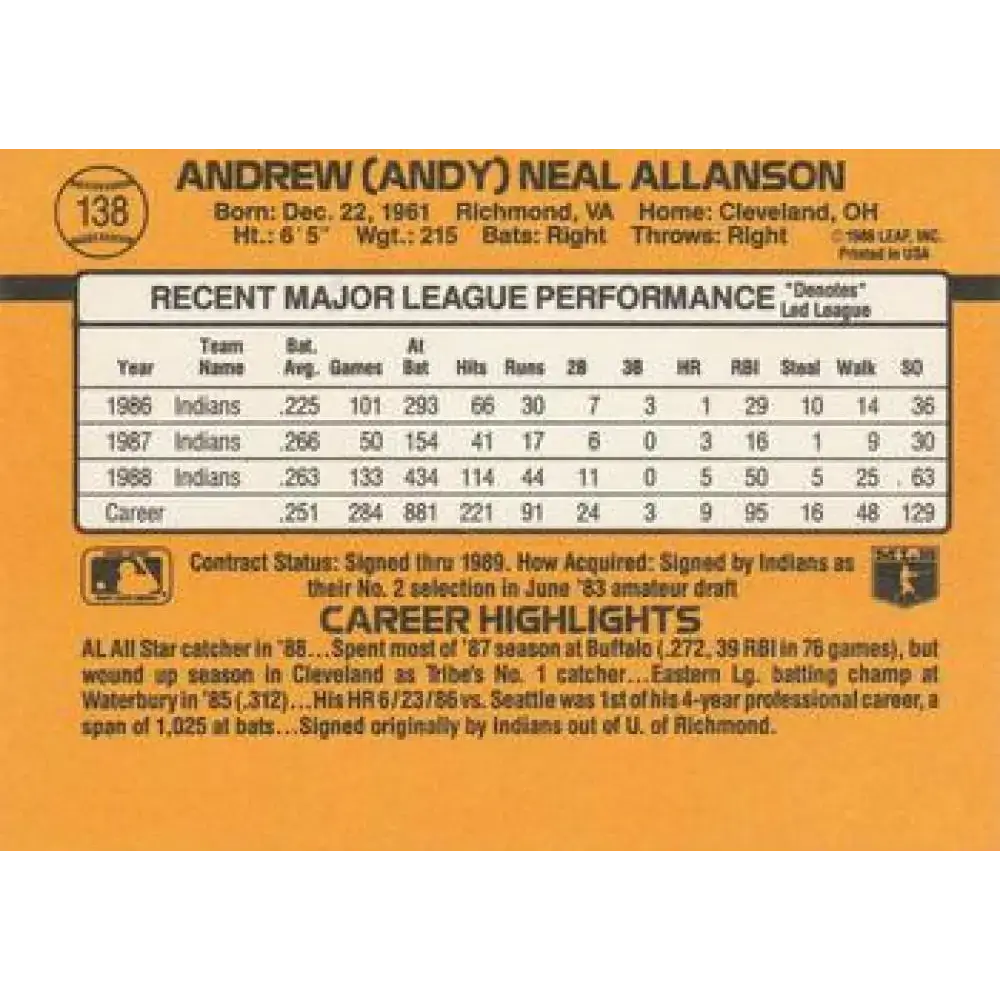 1989 Donruss #138 Andy Allanson NM-MT Cleveland Indians Baseball Card - Baseball Card Single