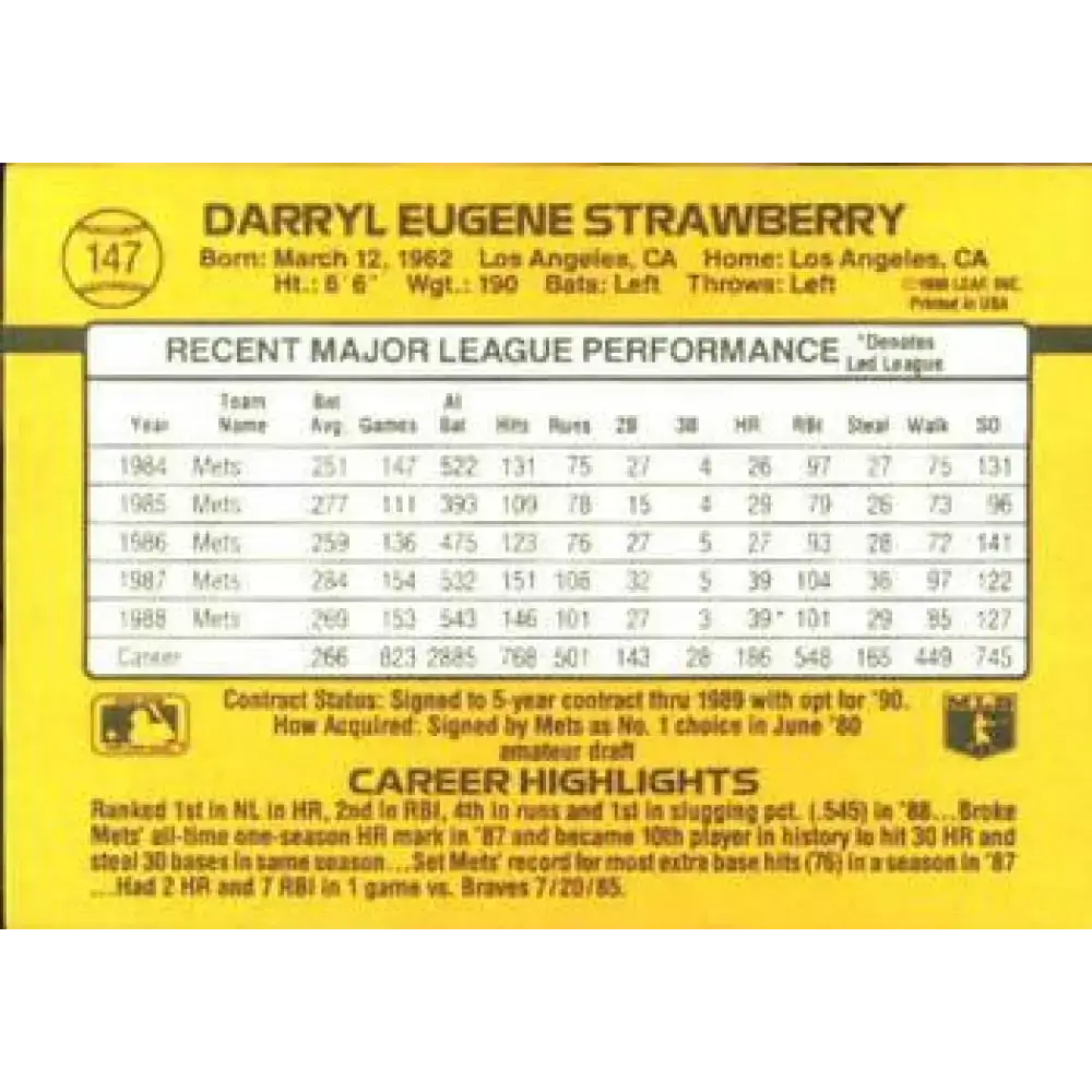 1989 Donruss #147 Darryl Strawberry NM-MT New York Mets Baseball Card - Baseball Card Single