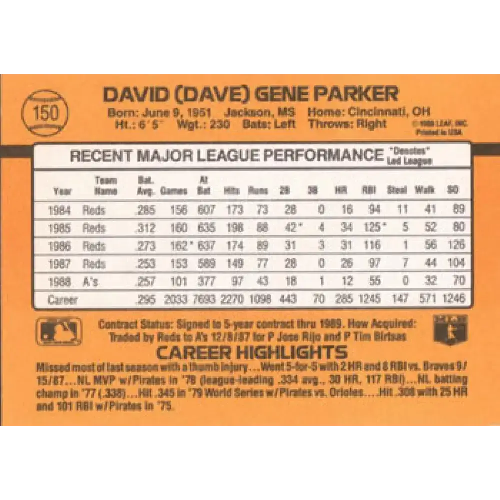 1989 Donruss #150 Dave Parker NM-MT Oakland Athletics Baseball Card - Baseball Card Single