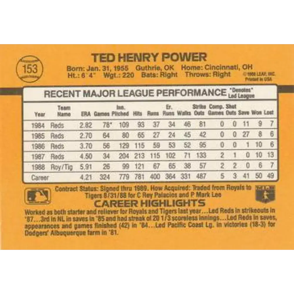 1989 Donruss #153 Ted Power NM-MT Detroit Tigers Baseball Card - Baseball Card Single