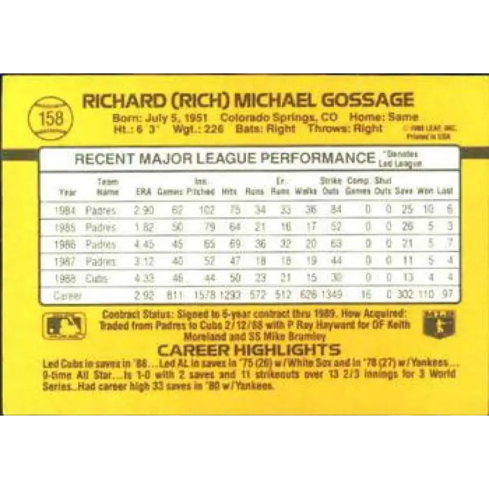 1989 Donruss #158 Rich Gossage NM-MT Chicago Cubs Baseball Card - Baseball Card Single