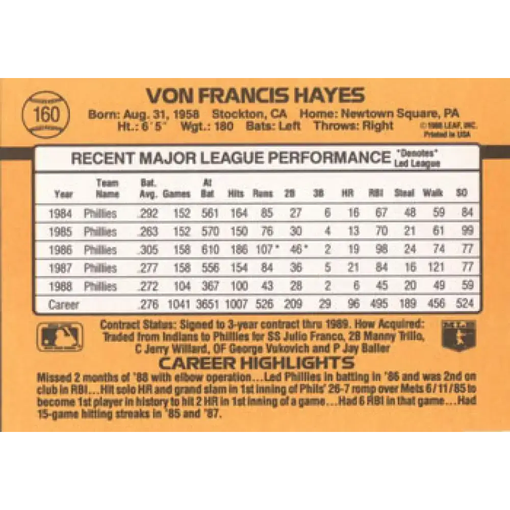 1989 Donruss #160 Von Hayes NM-MT Philadelphia Phillies Baseball Card - Baseball Card Single