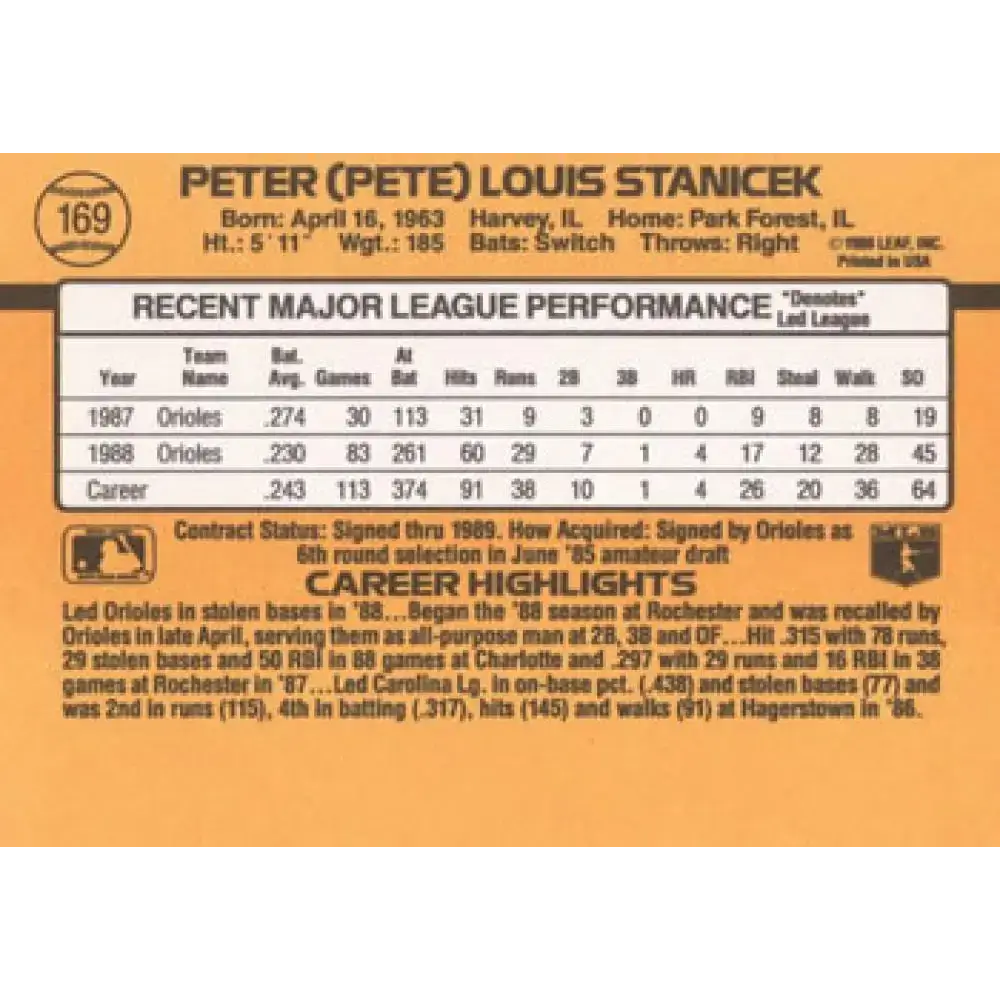 1989 Donruss #169 Pete Stanicek NM-MT Baltimore Orioles Baseball Card - Baseball Card Single