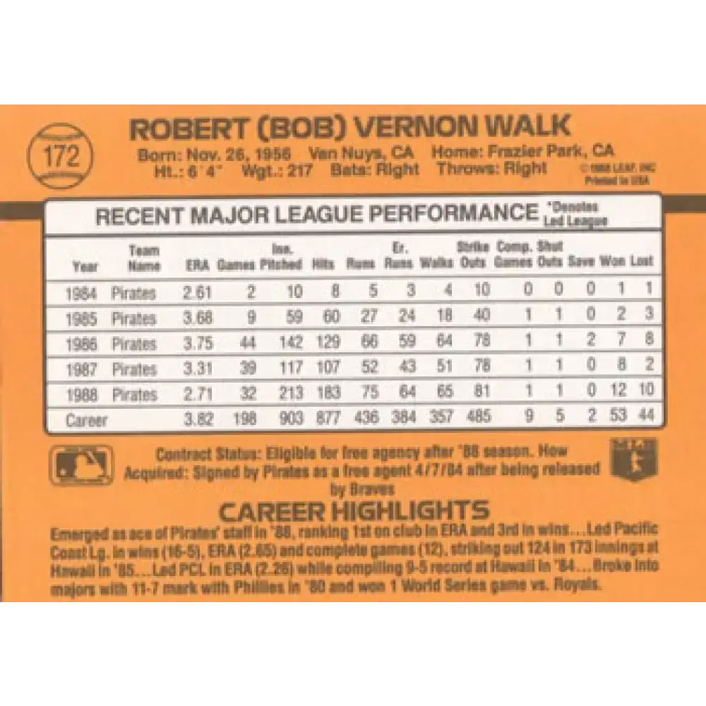 1989 Donruss #172 Bob Walk NM-MT Pittsburgh Pirates Baseball Card - Baseball Card Single