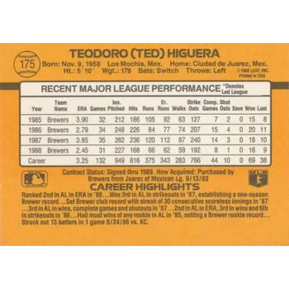 1989 Donruss #175 Teddy Higuera NM-MT Milwaukee Brewers Baseball Card - Baseball Card Single