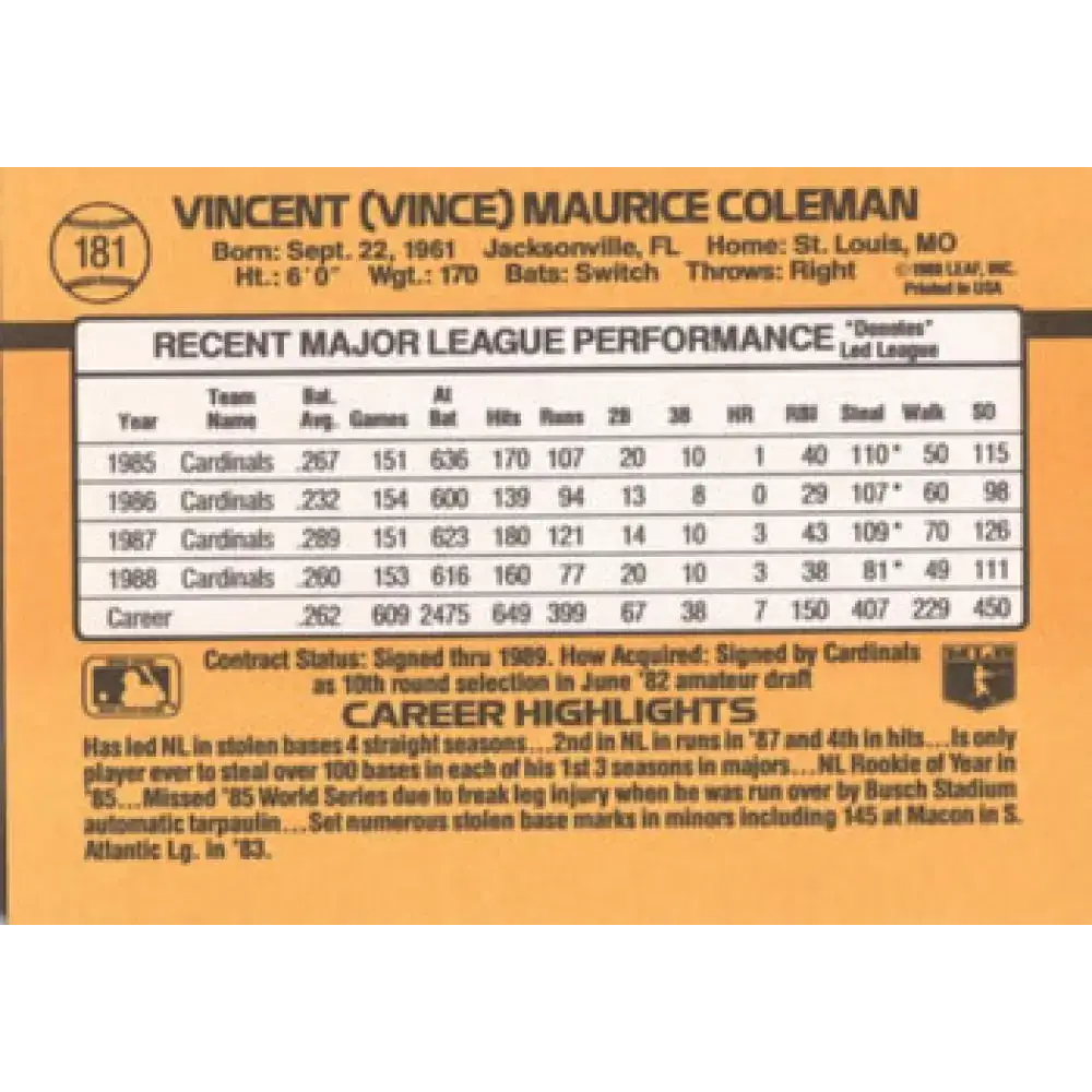 1989 Donruss #181 Vince Coleman NM-MT St. Louis Cardinals Baseball Card - Baseball Card Single