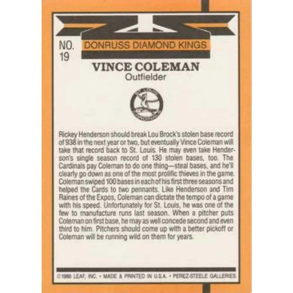 1989 Donruss #19 Vince Coleman DK DP NM-MT St. Louis Cardinals Baseball Card - Baseball Card Single
