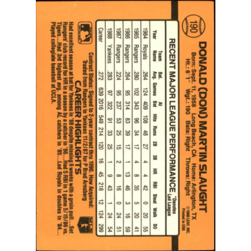 1989 Donruss #190 Don Slaught NM-MT New York Yankees Baseball Card - Baseball Card Single
