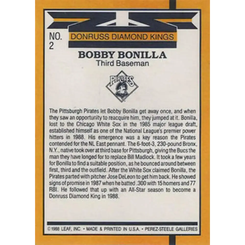 1989 Donruss #2 Bobby Bonilla DK DP NM-MT Pittsburgh Pirates Baseball Card - Baseball Card Single