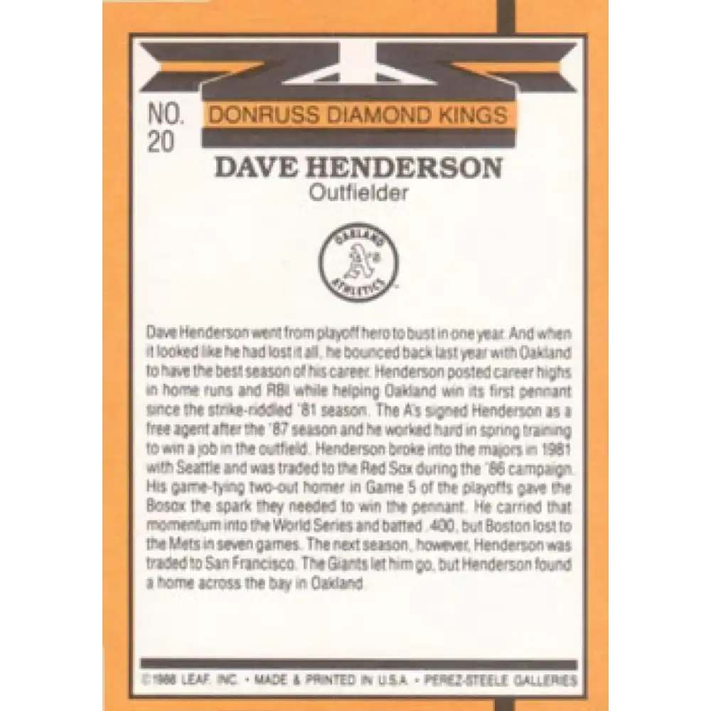 1989 Donruss #20 Dave Henderson DK NM-MT Oakland Athletics Baseball Card - Baseball Card Single