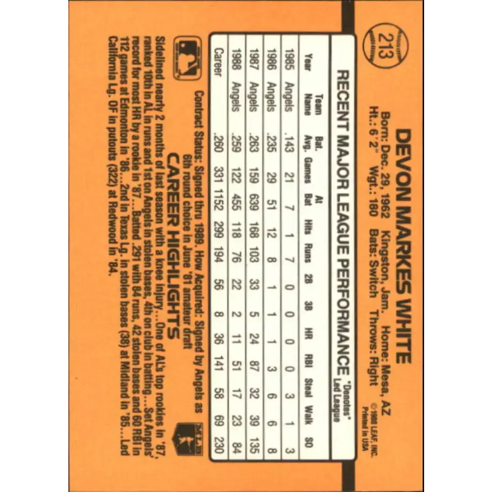 1989 Donruss #213 Devon White NM-MT California Angels Baseball Card - Baseball Card Single