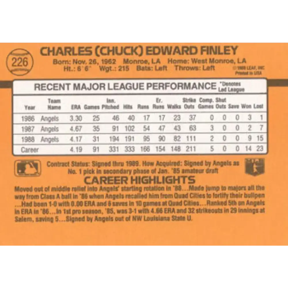 1989 Donruss #226 Chuck Finley NM-MT California Angels Baseball Card - Baseball Card Single