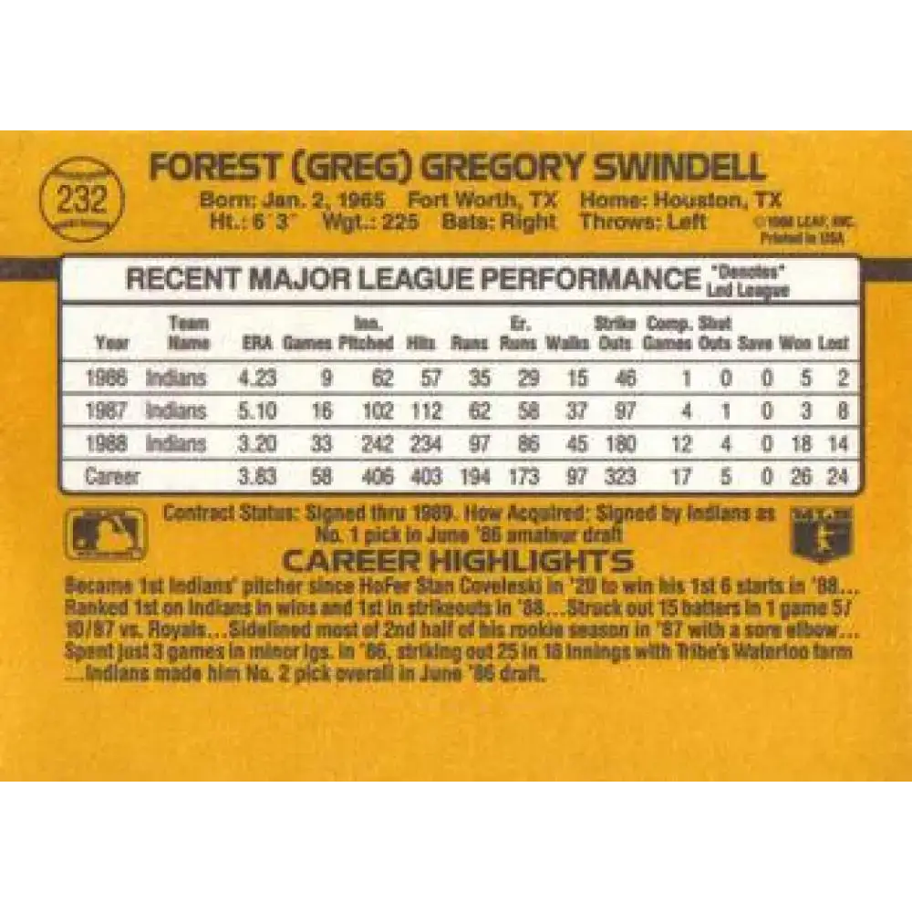 1989 Donruss #232 Greg Swindell NM-MT Cleveland Indians Baseball Card - Baseball Card Single