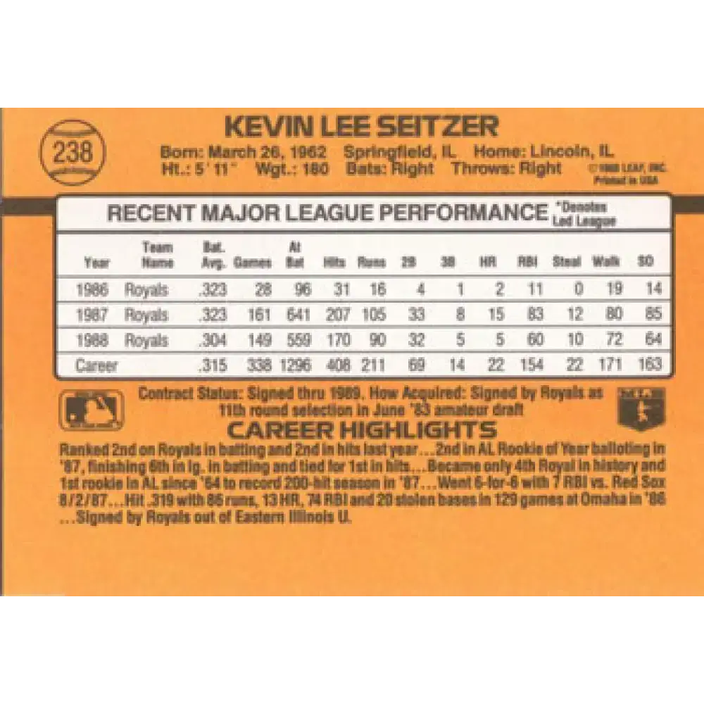 1989 Donruss #238 Kevin Seitzer NM-MT Kansas City Royals Baseball Card - Baseball Card Single