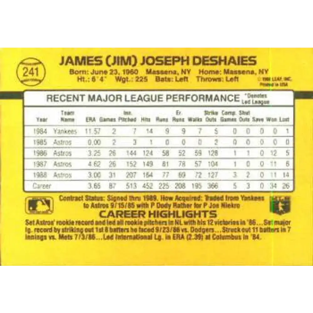 1989 Donruss #241 Jim Deshaies NM-MT Houston Astros Baseball Card - Baseball Card Single