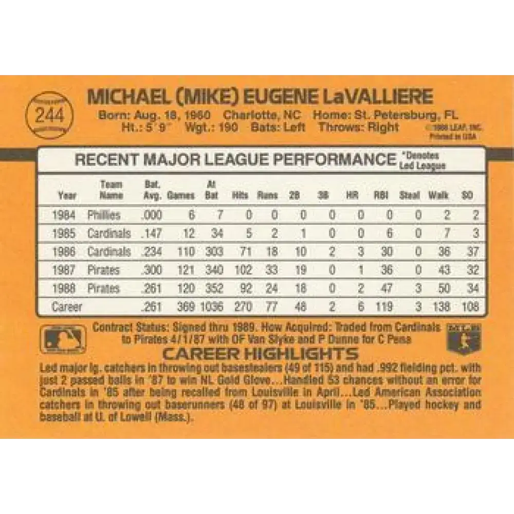 1989 Donruss #244 Mike LaValliere NM-MT Pittsburgh Pirates Baseball Card - Baseball Card Single