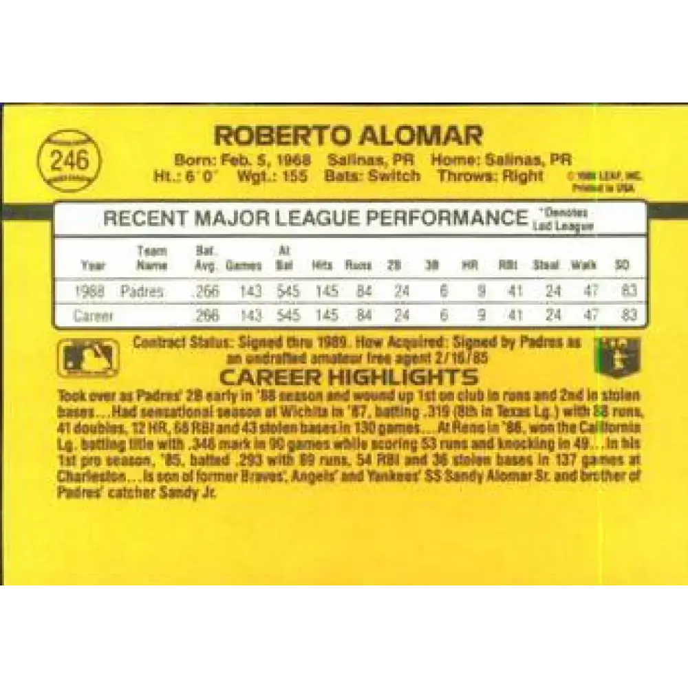 1989 Donruss #246 Roberto Alomar NM-MT San Diego Padres Baseball Card - Baseball Card Single