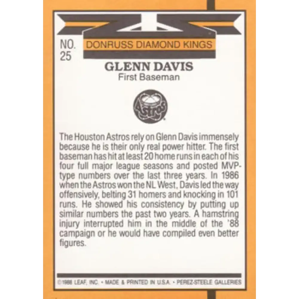 1989 Donruss #25 Glenn Davis DK NM-MT Houston Astros Baseball Card - Baseball Card Single