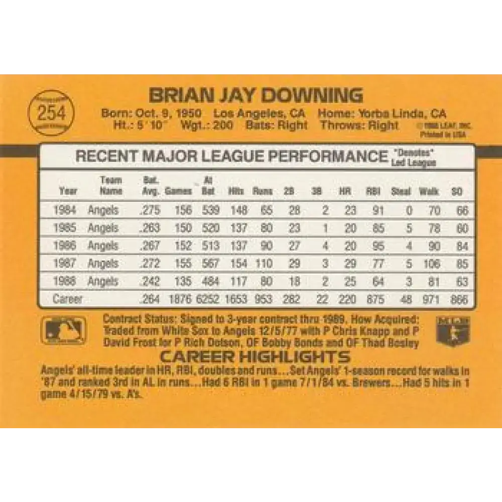 1989 Donruss #254 Brian Downing NM-MT California Angels Baseball Card - Baseball Card Single